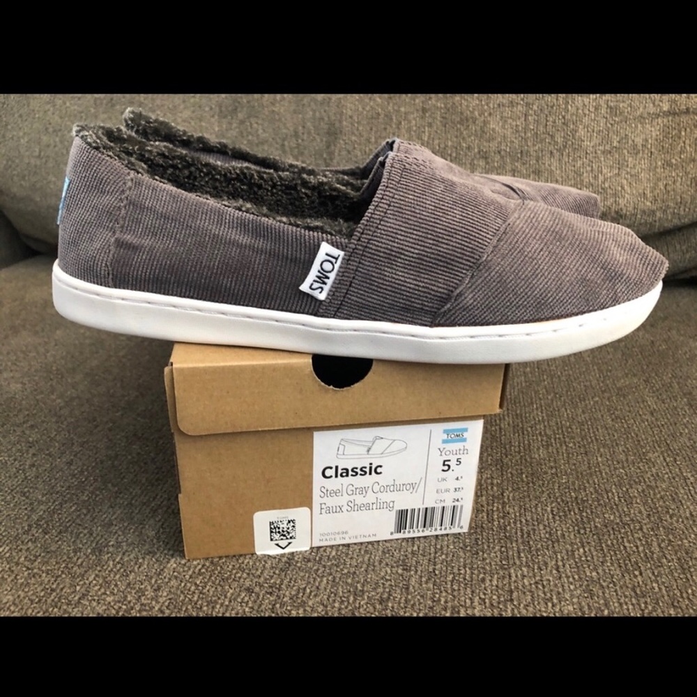 Toms Matching Faux Sherpa Lined Steel Grey Corduroy  Youth 5.5 Womens 7-8 NIB